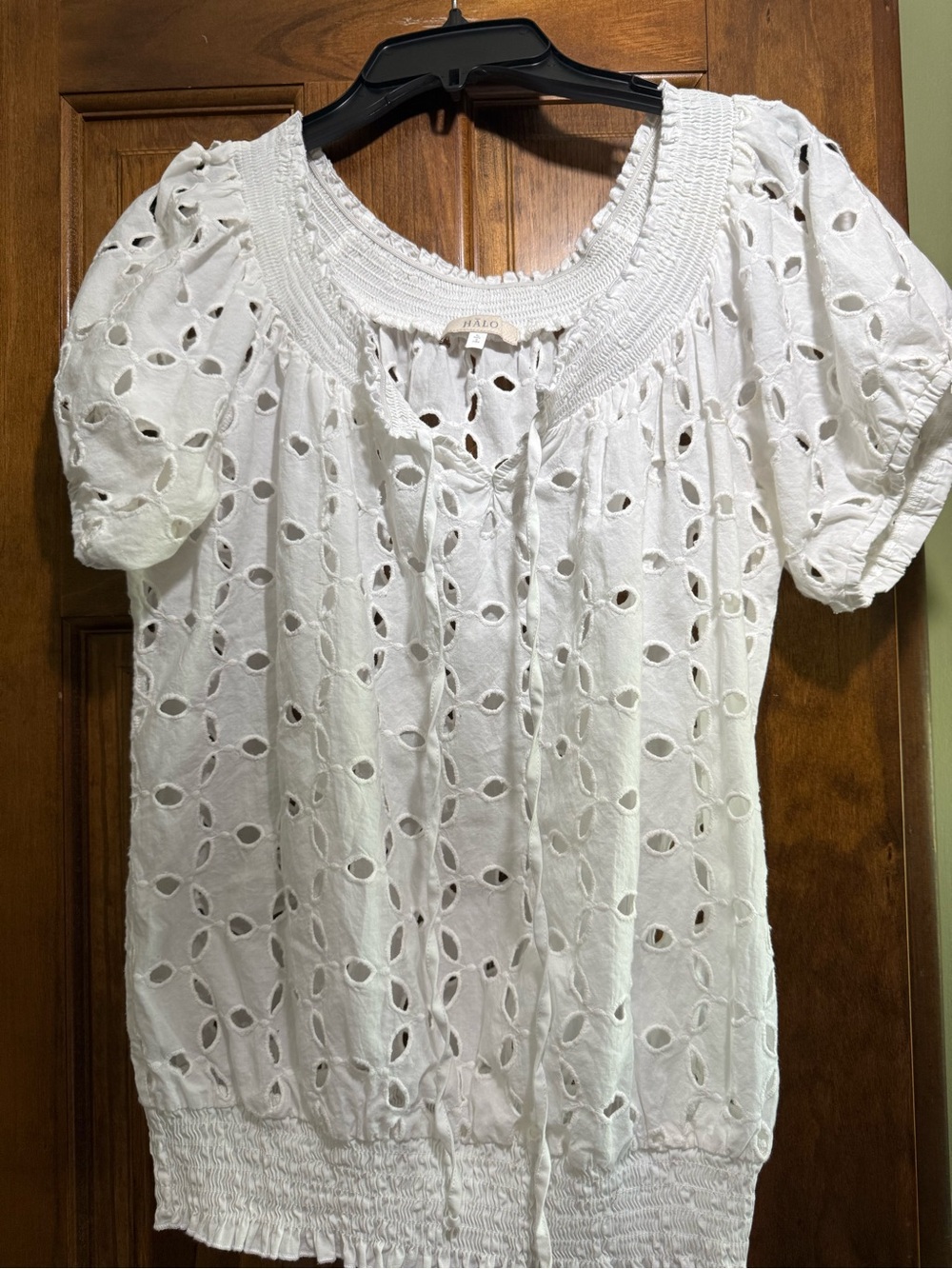 Halo White Eyelet Smocked Peasant Blouse